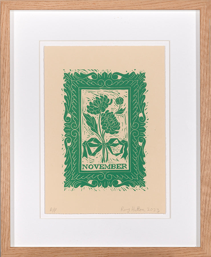 Rory Hutton, November, from Months of the Year, Green, 2023, linocut printed in colours, signed by the artist, from the edition of 25, on wove paper