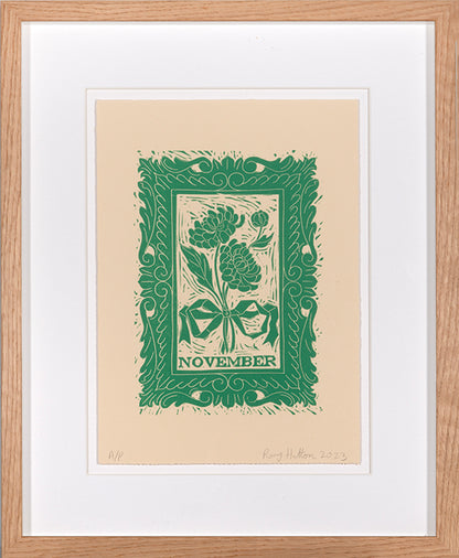Rory Hutton, November, from Months of the Year, Green, 2023, linocut printed in colours, signed by the artist, from the edition of 25, on wove paper
