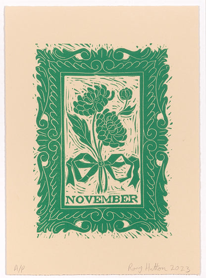 Rory Hutton, November, from Months of the Year, Green, 2023, linocut printed in colours, signed by the artist, from the edition of 25, on wove paper