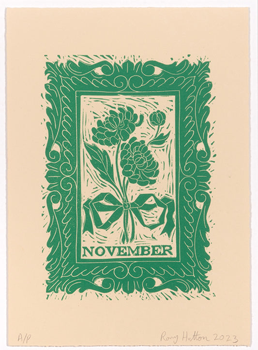 Rory Hutton, November, from Months of the Year, Green, 2023, linocut printed in colours, signed by the artist, from the edition of 25, on wove paper