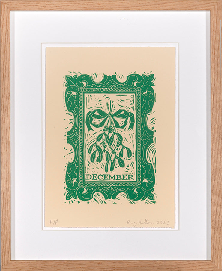 Rory Hutton, December, from Months of the Year, Green, 2023, linocut printed in colours, signed by the artist, from the edition of 25, on wove paper