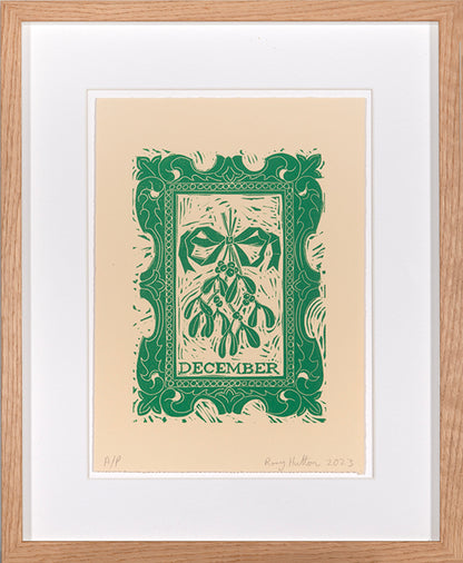 Rory Hutton, December, from Months of the Year, Green, 2023, linocut printed in colours, signed by the artist, from the edition of 25, on wove paper