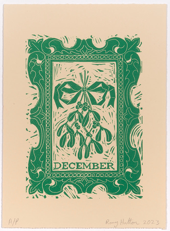 Rory Hutton, December, from Months of the Year, Green, 2023, linocut printed in colours, signed by the artist, from the edition of 25, on wove paper