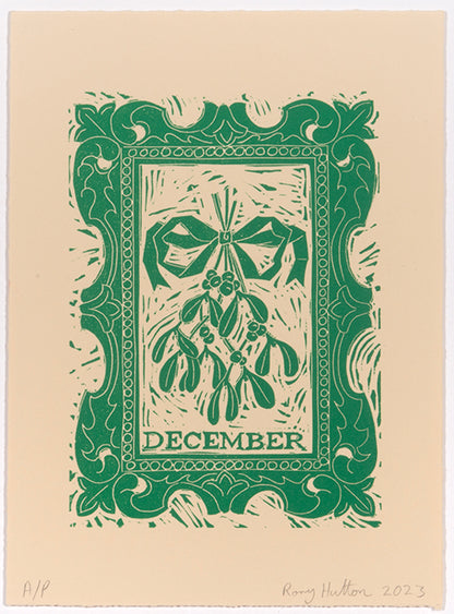 Rory Hutton, December, from Months of the Year, Green, 2023, linocut printed in colours, signed by the artist, from the edition of 25, on wove paper