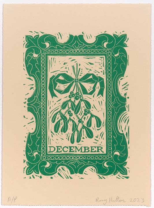 Rory Hutton, December, from Months of the Year, Green, 2023, linocut printed in colours, signed by the artist, from the edition of 25, on wove paper