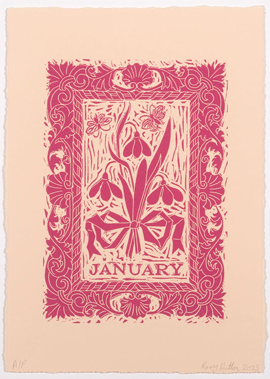 Rory Hutton, January, from Months of the Year, Pink, 2023, linocut printed in colours, signed by the artist, from the edition of 25, on wove paper