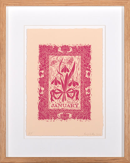 Rory Hutton, January, from Months of the Year, Pink, 2023, linocut printed in colours, signed by the artist, from the edition of 25, on wove paper