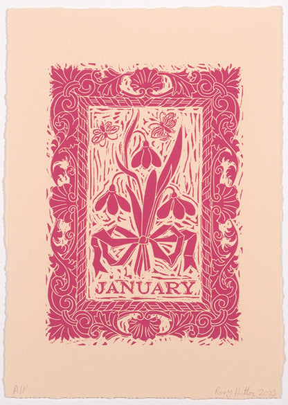 Rory Hutton, January, from Months of the Year, Pink, 2023, linocut printed in colours, signed by the artist, from the edition of 25, on wove paper