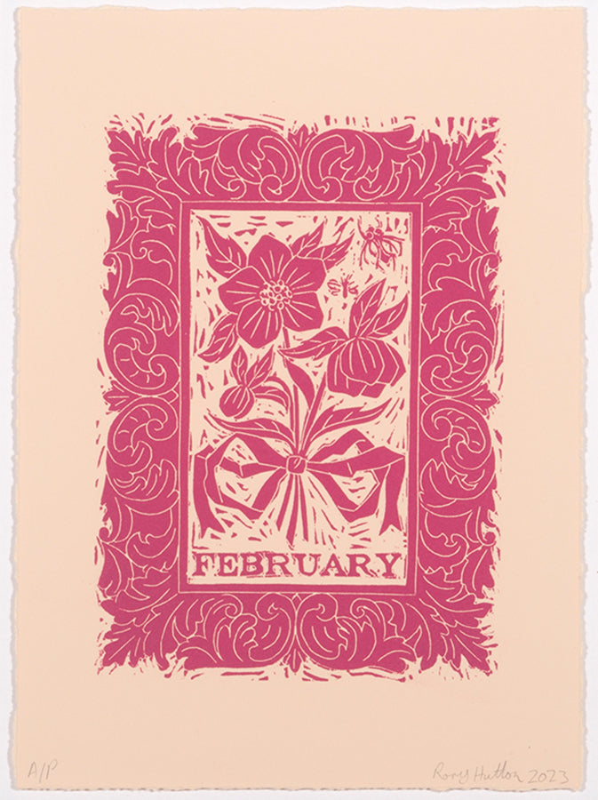 Rory Hutton, February, from Months of the Year, Pink, 2023, linocut printed in colours, signed by the artist, from the edition of 25, on wove paper