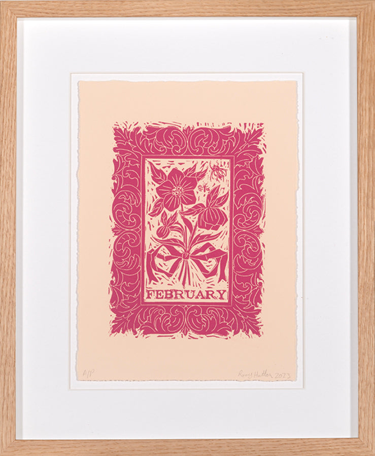 Rory Hutton, February, from Months of the Year, Pink, 2023, linocut printed in colours, signed by the artist, from the edition of 25, on wove paper