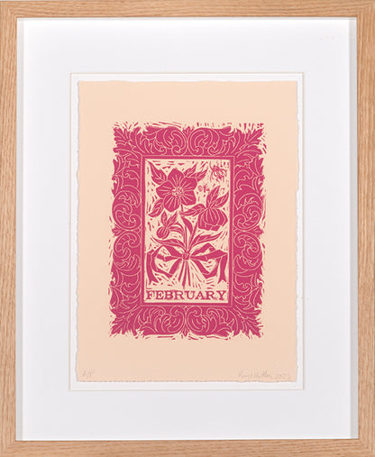 Rory Hutton, February, from Months of the Year, Pink, 2023, linocut printed in colours, signed by the artist, from the edition of 25, on wove paper