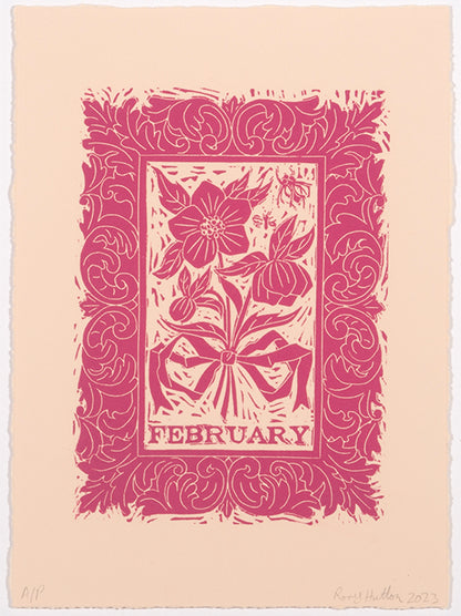 Rory Hutton, February, from Months of the Year, Pink, 2023, linocut printed in colours, signed by the artist, from the edition of 25, on wove paper