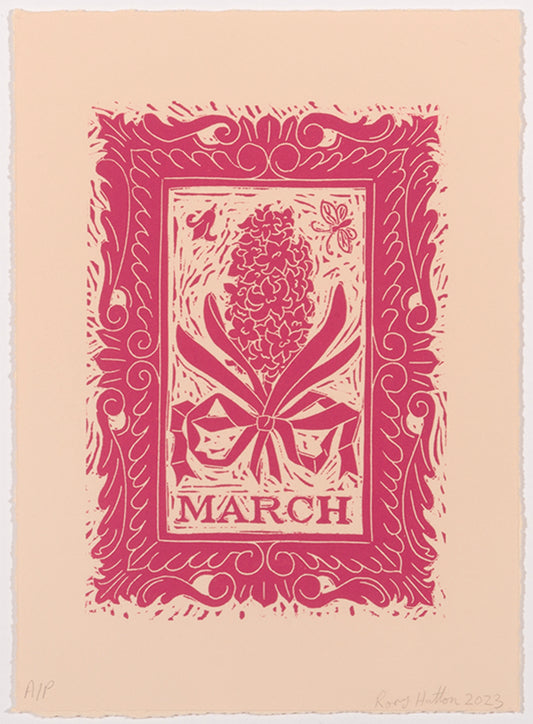 Rory Hutton, March, from Months of the Year, Pink, 2023, linocut printed in colours, signed by the artist, from the edition of 25, on wove paper