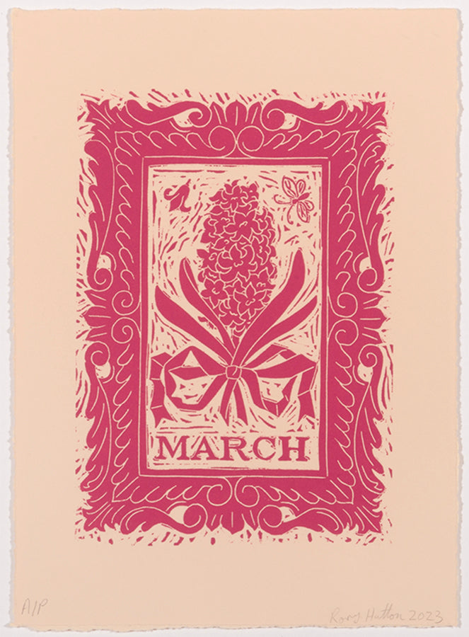 Rory Hutton, March, from Months of the Year, Pink, 2023, linocut printed in colours, signed by the artist, from the edition of 25, on wove paper