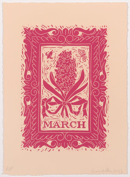 Rory Hutton, March, from Months of the Year, Pink, 2023, linocut printed in colours, signed by the artist, from the edition of 25, on wove paper