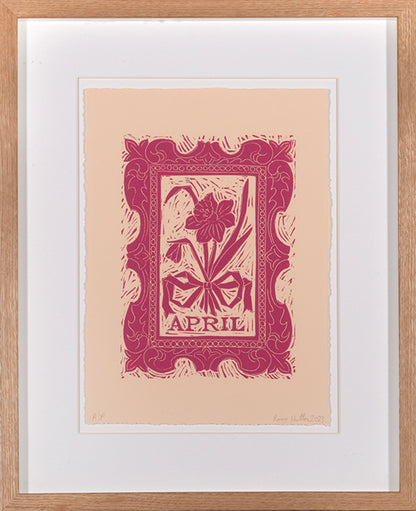 Rory Hutton, April, from Months of the Year, Pink, 2023, linocut printed in colours, signed by the artist, from the edition of 25, on wove paper