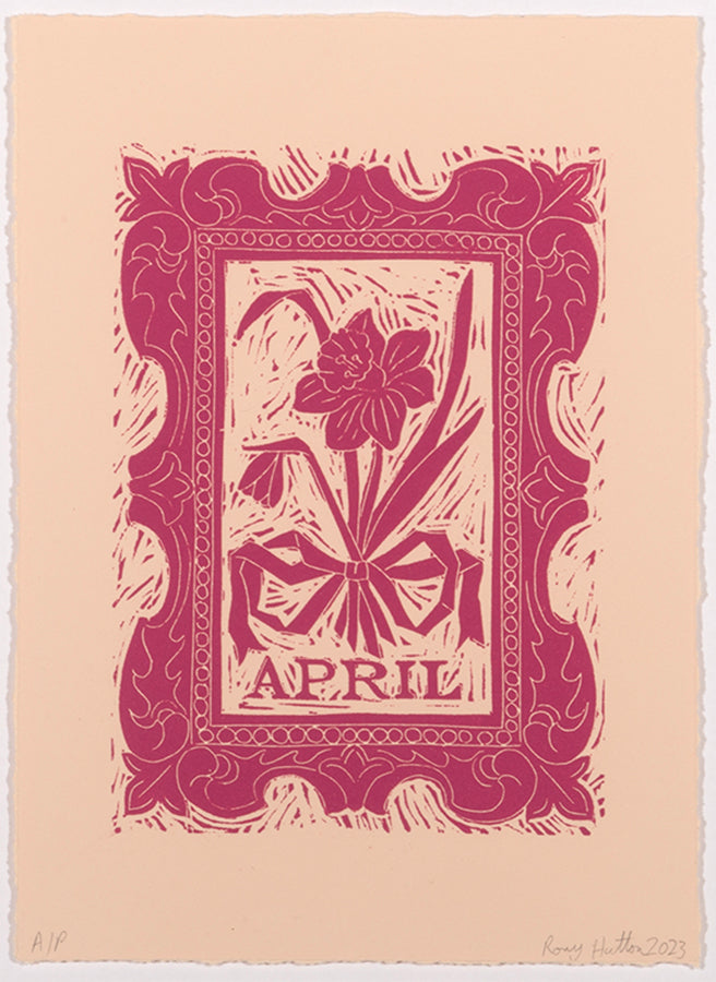 Rory Hutton, April, from Months of the Year, Pink, 2023, linocut printed in colours, signed by the artist, from the edition of 25, on wove paper