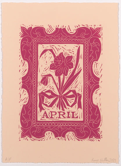 Rory Hutton, April, from Months of the Year, Pink, 2023, linocut printed in colours, signed by the artist, from the edition of 25, on wove paper