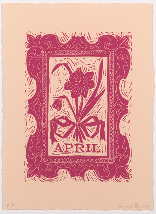 Rory Hutton, April, from Months of the Year, Pink, 2023, linocut printed in colours, signed by the artist, from the edition of 25, on wove paper