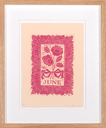Rory Hutton, June, from Months of the Year, Pink, 2023, linocut printed in colours, signed by the artist, from the edition of 25, on wove paper