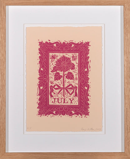 Rory Hutton, July, from Months of the Year, Pink, 2023, linocut printed in colours, signed by the artist, from the edition of 25, on wove paper