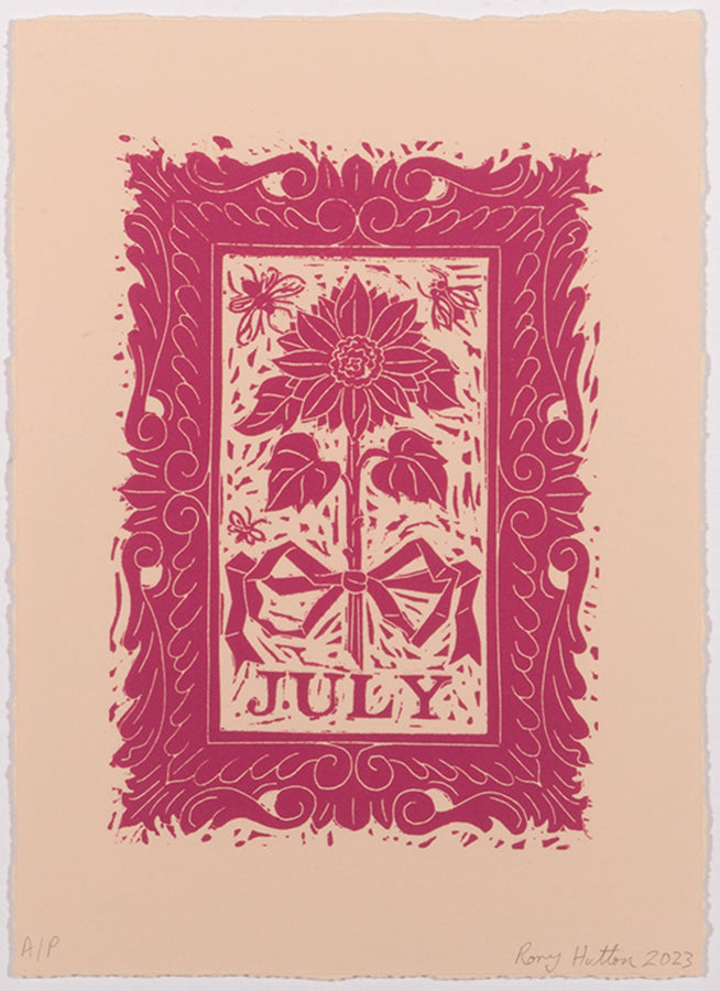 Rory Hutton, July, from Months of the Year, Pink, 2023, linocut printed in colours, signed by the artist, from the edition of 25, on wove paper