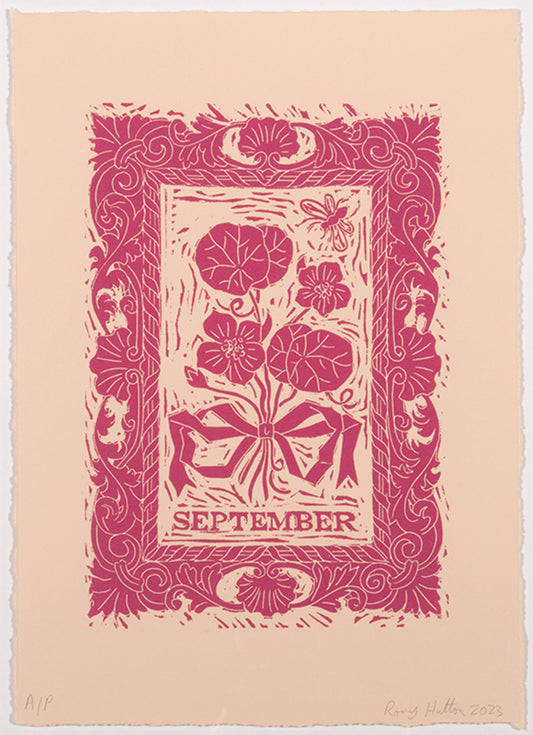 Rory Hutton, September, from Months of the Year, Pink, 2023, linocut printed in colours, signed by the artist, from the edition of 25, on wove paper