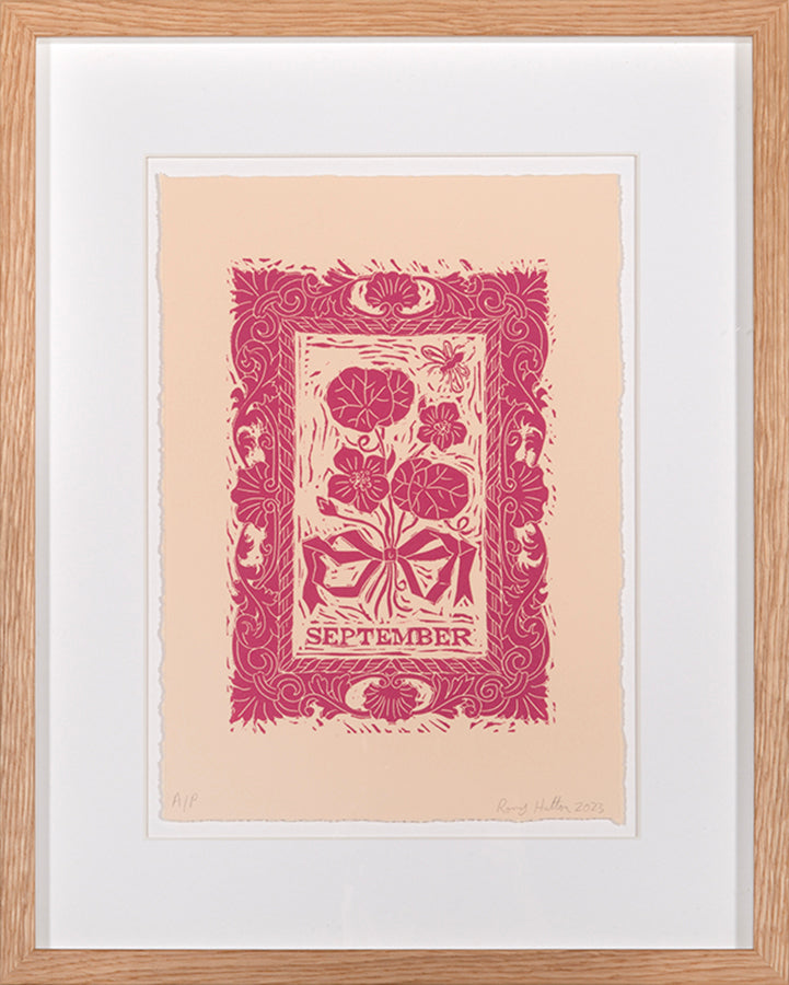 Rory Hutton, September, from Months of the Year, Pink, 2023, linocut printed in colours, signed by the artist, from the edition of 25, on wove paper