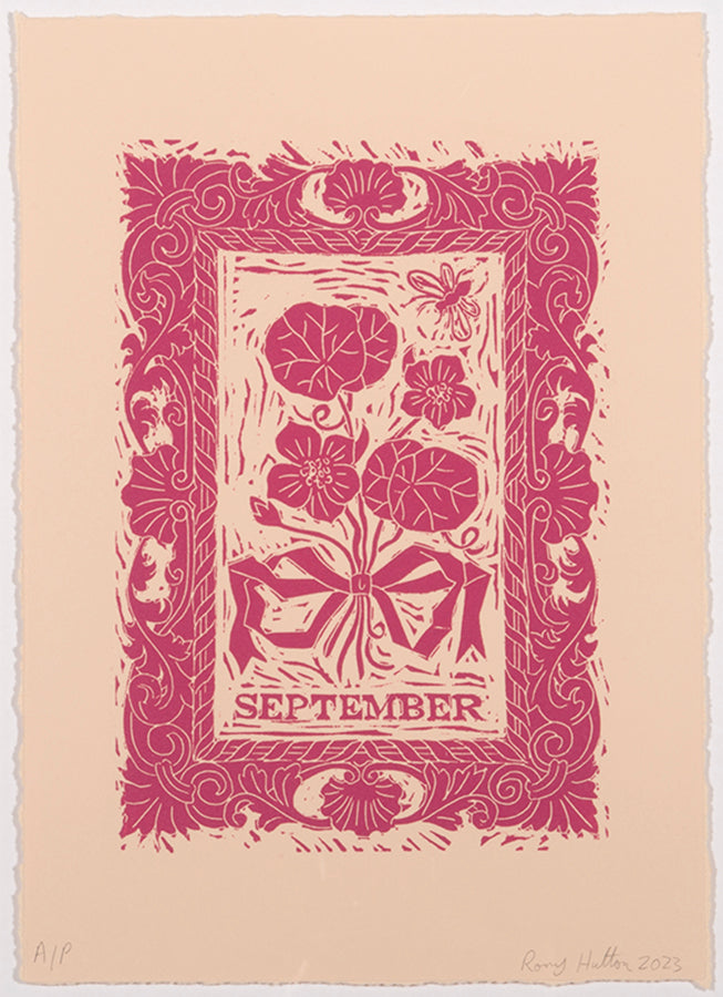 Rory Hutton, September, from Months of the Year, Pink, 2023, linocut printed in colours, signed by the artist, from the edition of 25, on wove paper