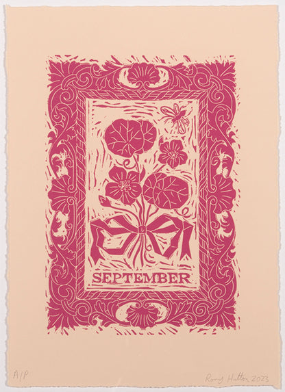 Rory Hutton, September, from Months of the Year, Pink, 2023, linocut printed in colours, signed by the artist, from the edition of 25, on wove paper