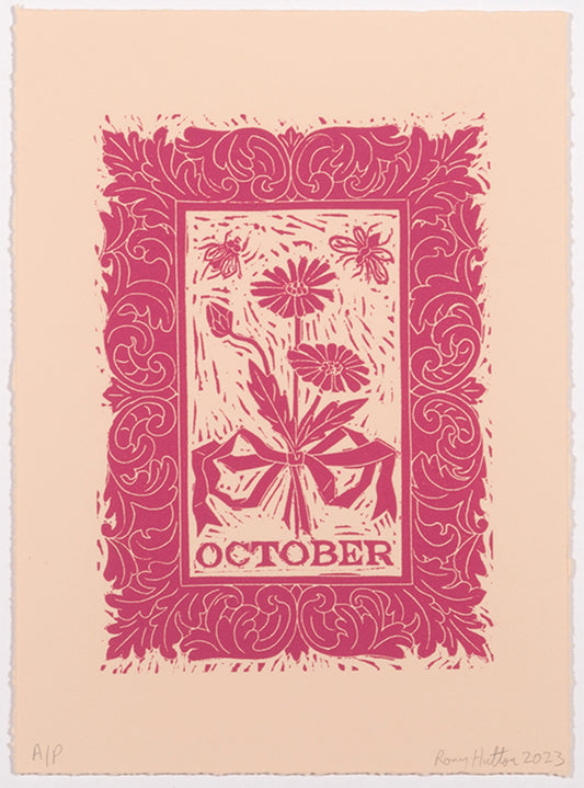 Rory Hutton, October, from Months of the Year, Pink, 2023, linocut printed in colours, signed by the artist, from the edition of 25, on wove paper