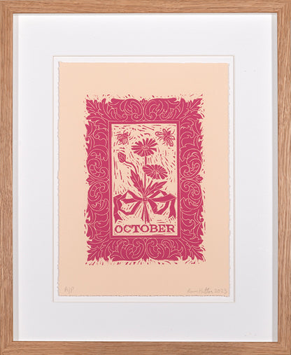 Rory Hutton, October, from Months of the Year, Pink, 2023, linocut printed in colours, signed by the artist, from the edition of 25, on wove paper