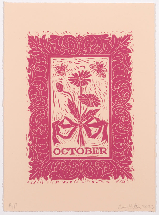 Rory Hutton, October, from Months of the Year, Pink, 2023, linocut printed in colours, signed by the artist, from the edition of 25, on wove paper