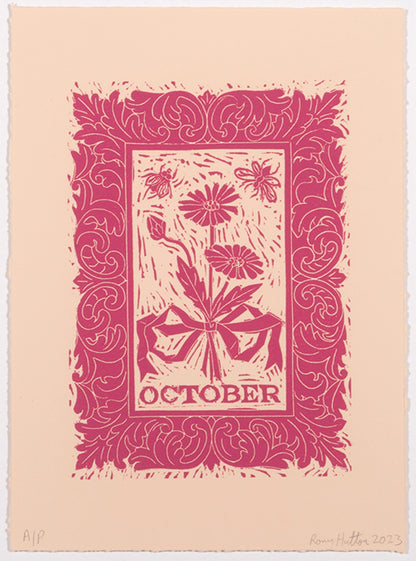 Rory Hutton, October, from Months of the Year, Pink, 2023, linocut printed in colours, signed by the artist, from the edition of 25, on wove paper