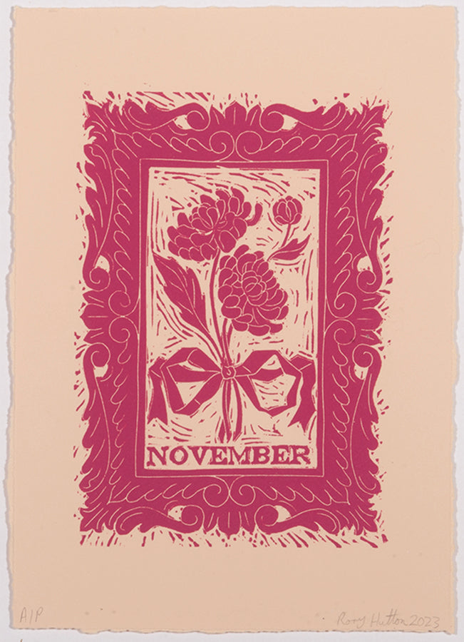 Rory Hutton, November, from Months of the Year, Pink, 2023, linocut printed in colours, signed by the artist, from the edition of 25, on wove paper
