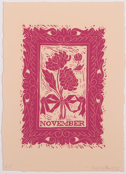 Rory Hutton, November, from Months of the Year, Pink, 2023, linocut printed in colours, signed by the artist, from the edition of 25, on wove paper