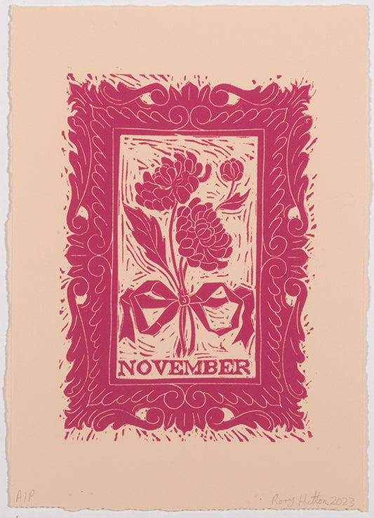 Rory Hutton, November, from Months of the Year, Pink, 2023, linocut printed in colours, signed by the artist, from the edition of 25, on wove paper