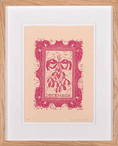 Rory Hutton, December, from Months of the Year, Pink, 2023, linocut printed in colours, signed by the artist, from the edition of 25, on wove paper