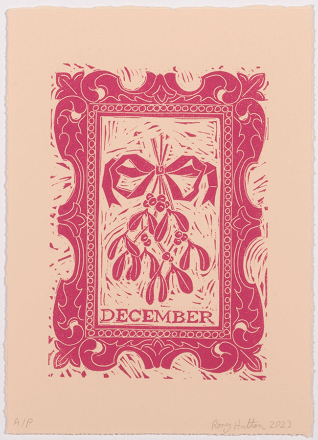Rory Hutton, December, from Months of the Year, Pink, 2023, linocut printed in colours, signed by the artist, from the edition of 25, on wove paper