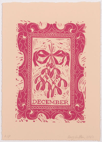 Rory Hutton, December, from Months of the Year, Pink, 2023, linocut printed in colours, signed by the artist, from the edition of 25, on wove paper