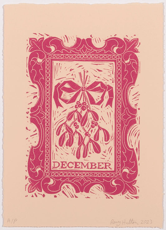 Rory Hutton, December, from Months of the Year, Pink, 2023, linocut printed in colours, signed by the artist, from the edition of 25, on wove paper