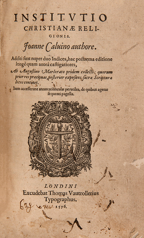 The first edition printed in England of Jean Calvin's Institutes of the Christian Religion, in a contemporary English gilt calf binding.