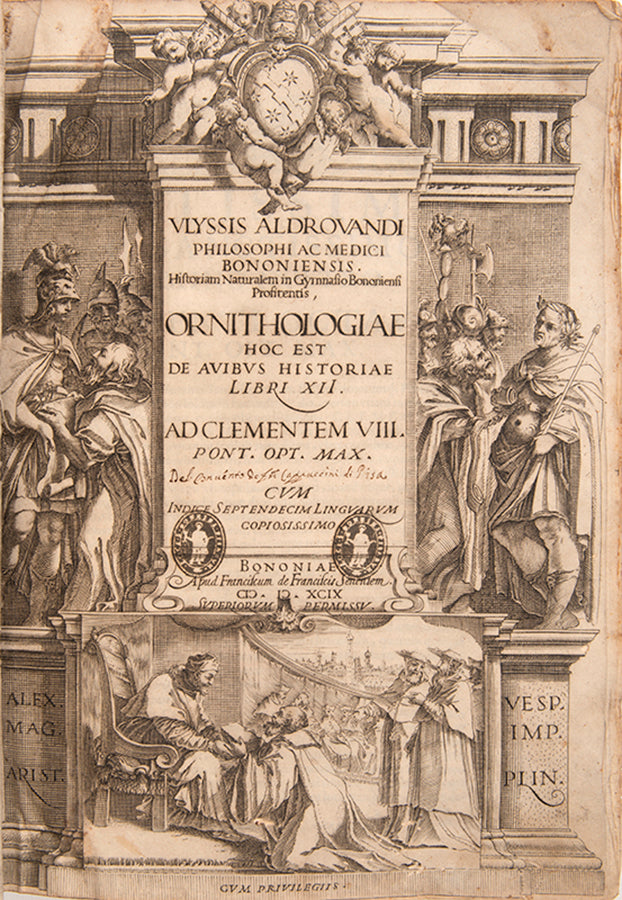 The edition princeps of Aldrovandi Ullise's Ornithologiae, a celebrated treatise on birds illustrated with woodcuts.