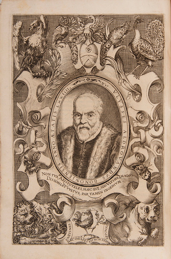 The edition princeps of Aldrovandi Ullise's Ornithologiae, a celebrated treatise on birds illustrated with woodcuts.
