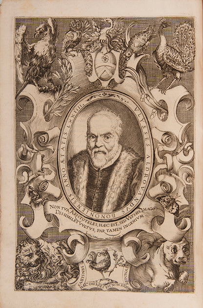 The edition princeps of Aldrovandi Ullise's Ornithologiae, a celebrated treatise on birds illustrated with woodcuts.