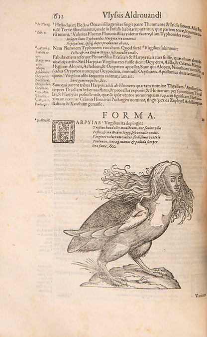 The edition princeps of Aldrovandi Ullise's Ornithologiae, a celebrated treatise on birds illustrated with woodcuts.