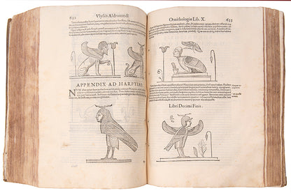 The edition princeps of Aldrovandi Ullise's Ornithologiae, a celebrated treatise on birds illustrated with woodcuts.