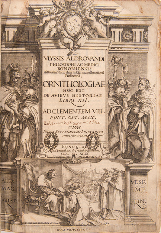 The edition princeps of Aldrovandi Ullise's Ornithologiae, a celebrated treatise on birds illustrated with woodcuts.