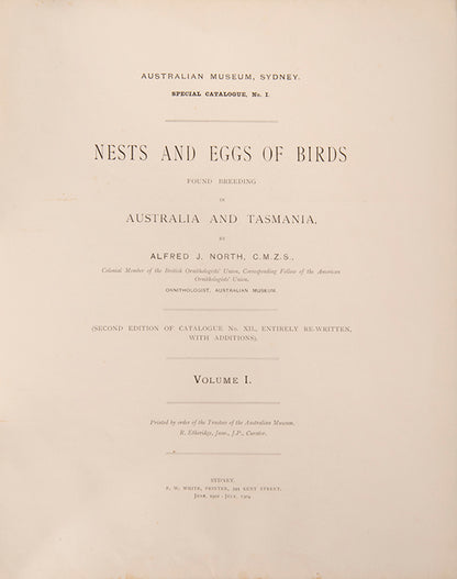 The enlarged second edition of North's comprehensive survey of the birds' nests and eggs of Australia and Tasmania, in the original printed wrappers.