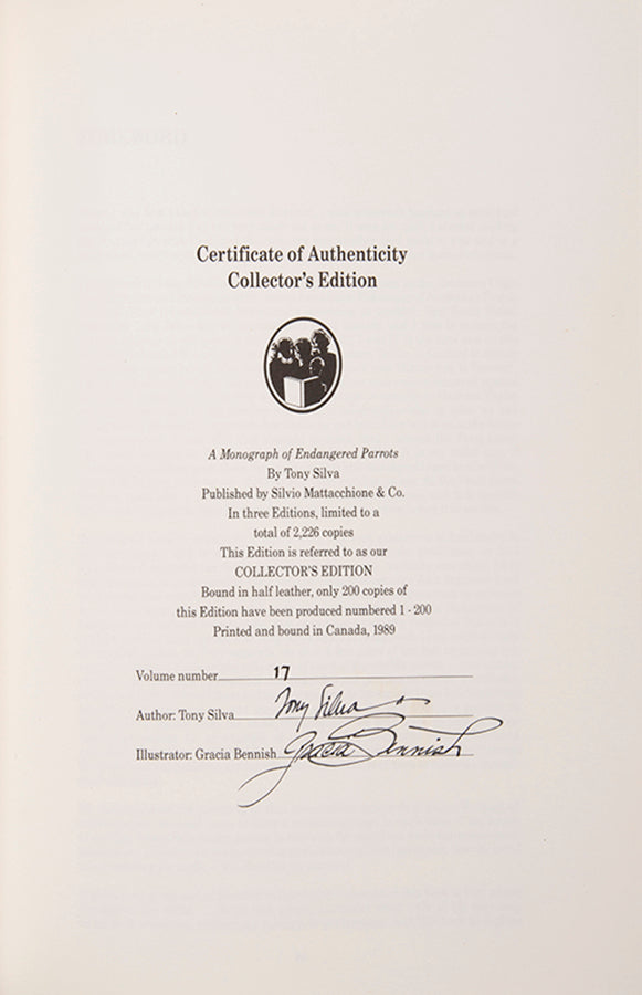 A signed limited edition copy of Tony Silva's Monograph of endangered parrots, with 42 plates after illustrations by Gracia Bennish.